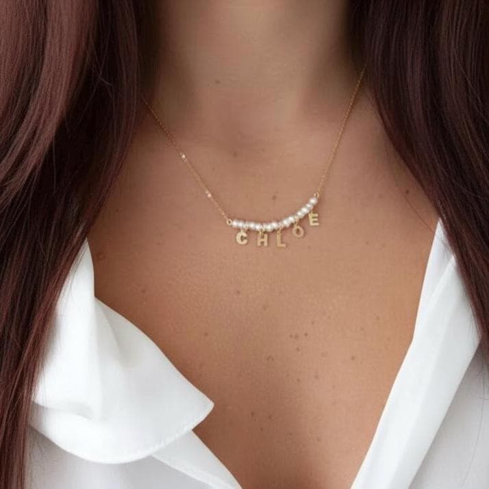 Personalised name necklace with small irregular imitation pearl