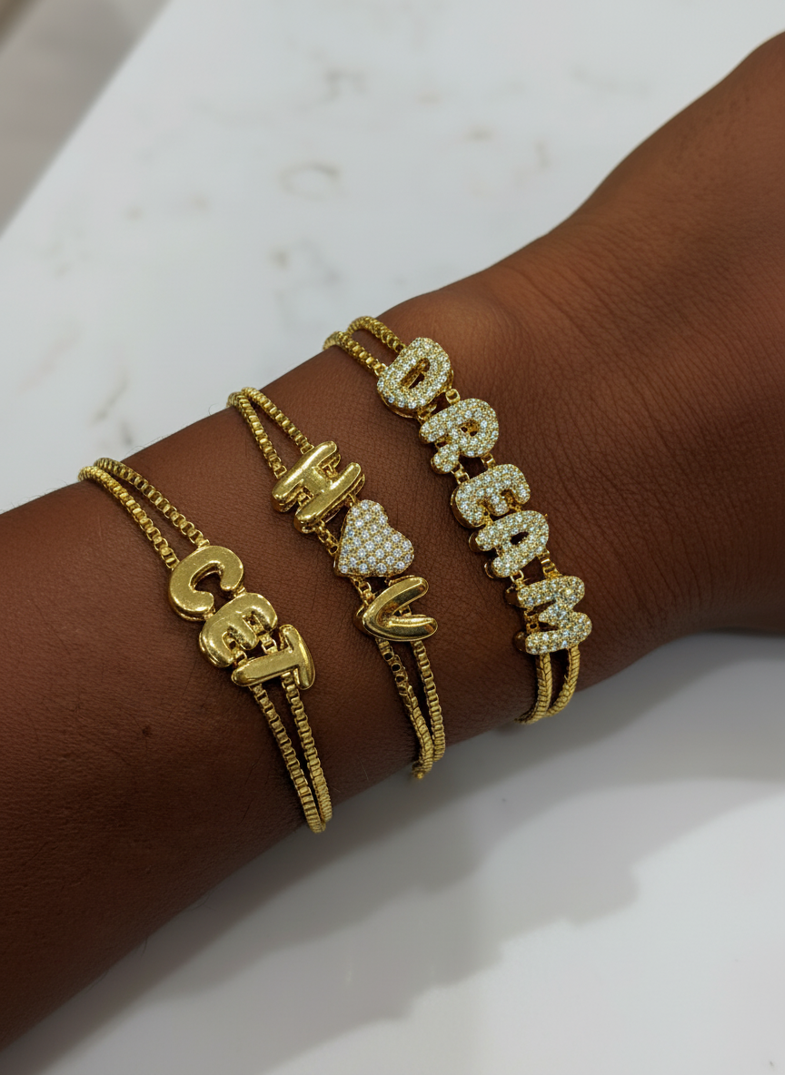Sparkling or shiny bubble charm personalised gold bracelet