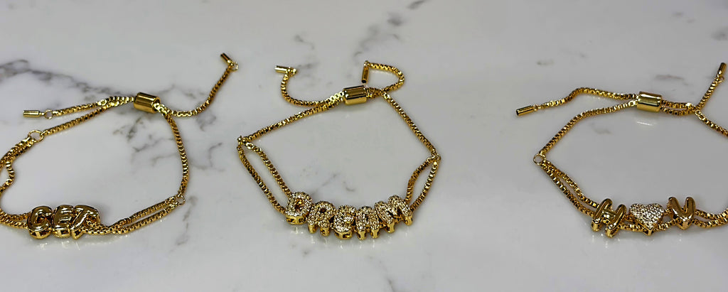 Sparkling or shiny bubble charm personalised gold bracelet