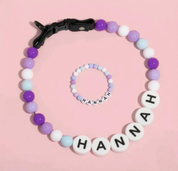 Personalised beaded waterproof dog collar & matching owner bracelet