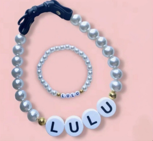 Personalised beaded waterproof dog collar & matching owner bracelet