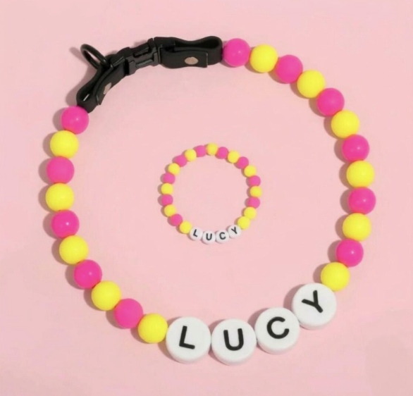 Personalised beaded waterproof dog collar & matching owner bracelet