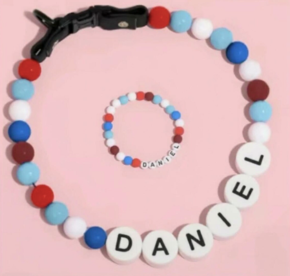 Personalised beaded waterproof dog collar & matching owner bracelet