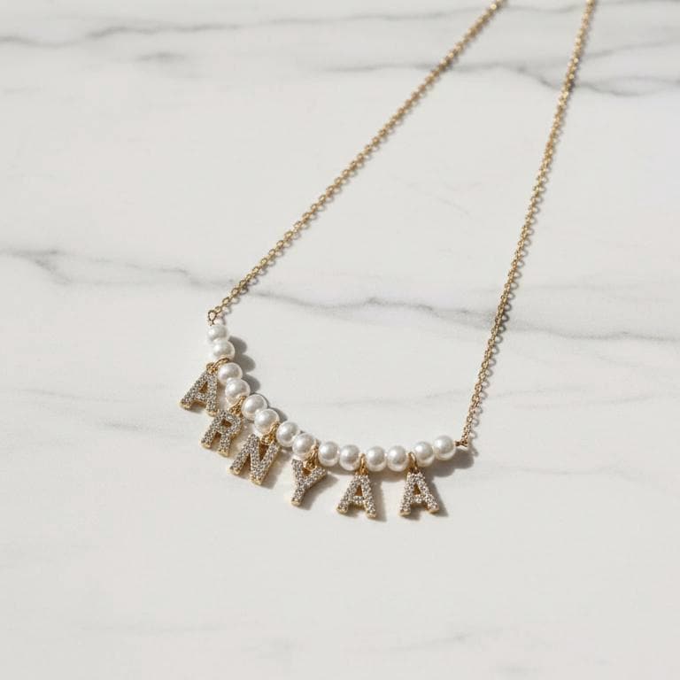 Personalised name necklace with large irregular imitation pearl